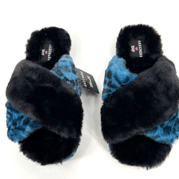NWT Skechers x DVF Cozy Slide Cross Over Slippers Black & Blue Leopard Size 7.5 - Picture 3 of 7